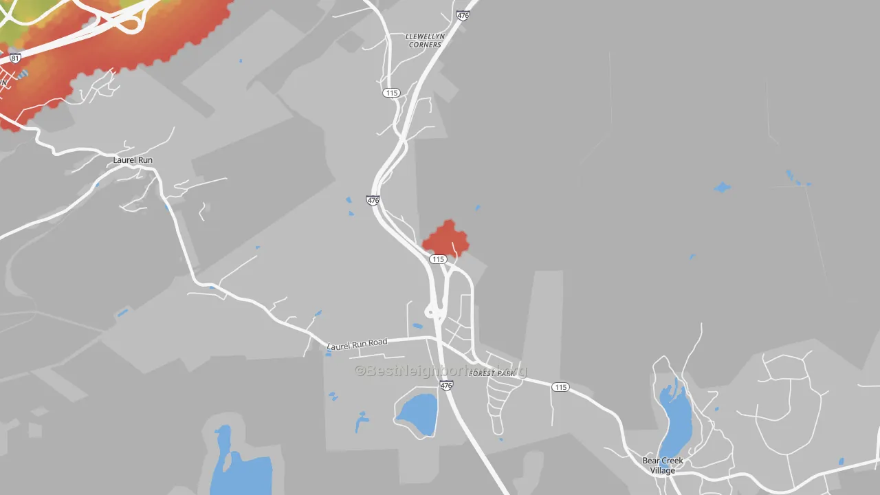 Walk Grade map of Forest Park, PA, walkable areas in green and car-dependent areas in red
