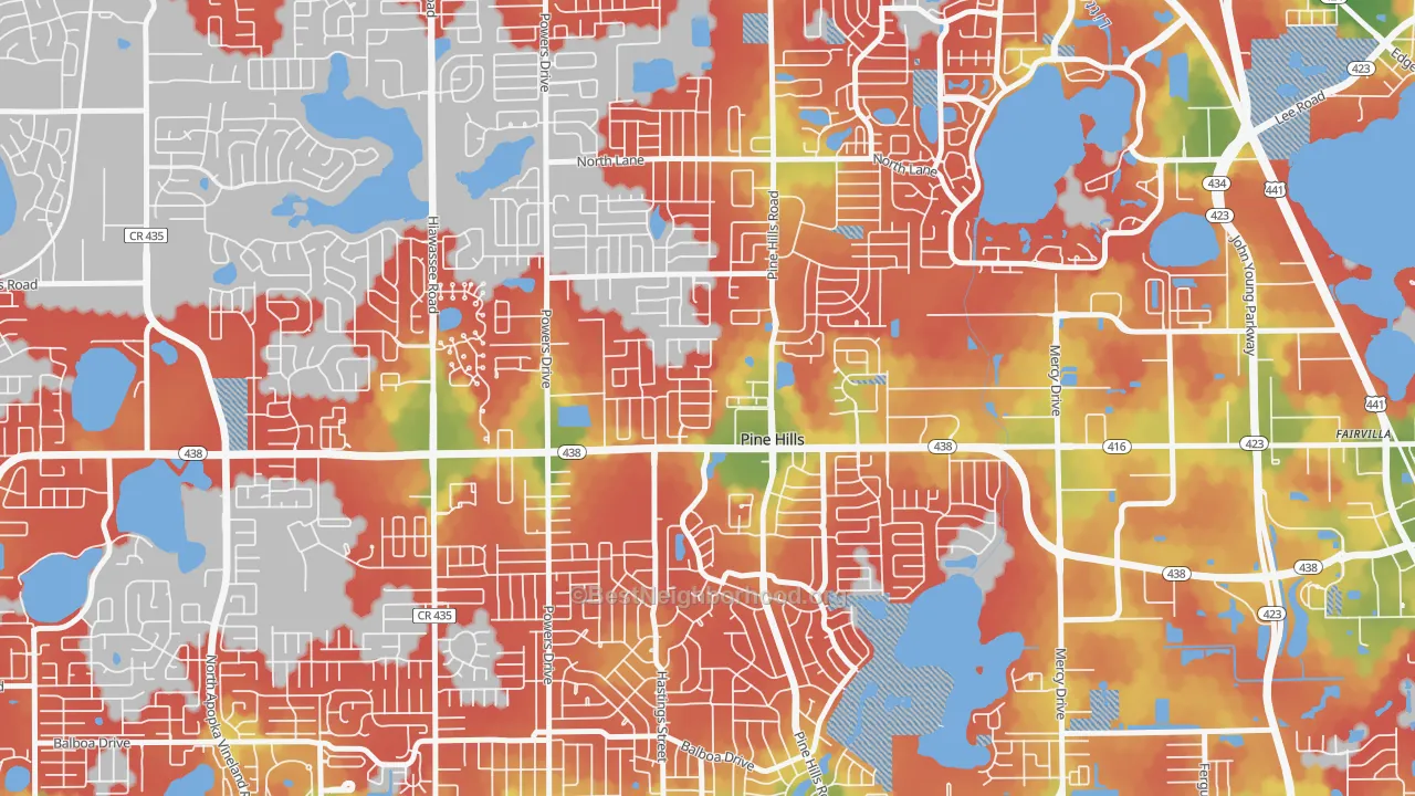 Walk Grade map of Forest Park, Pine Hills, FL, walkable areas in green and car-dependent areas in red