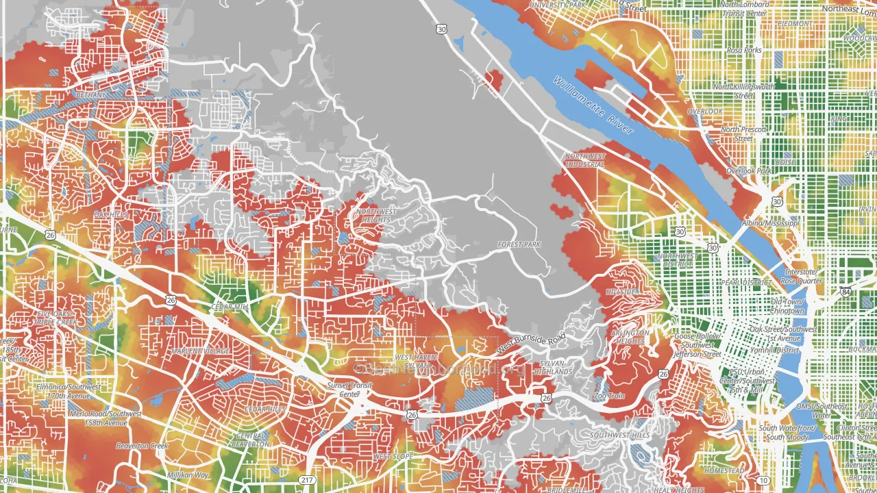 Walk Grade map of Forest Park, Portland, OR, walkable areas in green and car-dependent areas in red
