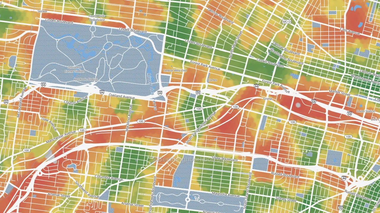 Walk Grade map of Forest Park Southeast, St. Louis, MO, walkable areas in green and car-dependent areas in red