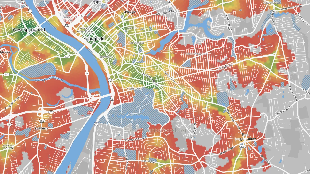 Walk Grade map of Forest Park, Springfield, MA, walkable areas in green and car-dependent areas in red