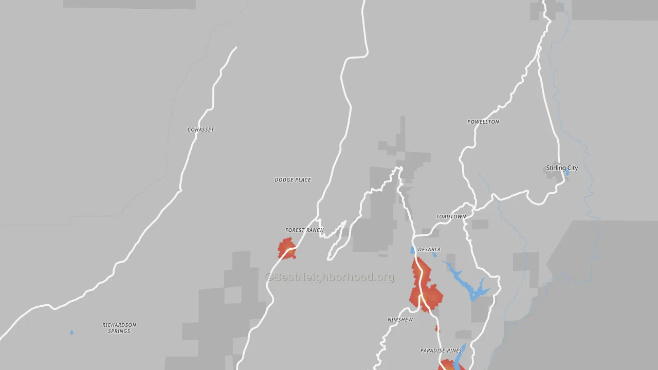 Walk Grade map of Forest Ranch, CA, walkable areas in green and car-dependent areas in red