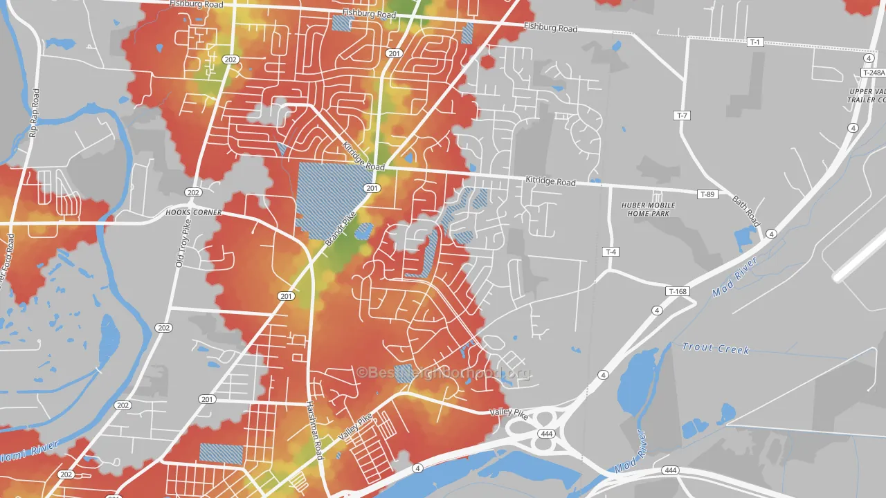 Walk Grade map of Forest Ridge-Quail Hollow, Dayton, OH, walkable areas in green and car-dependent areas in red