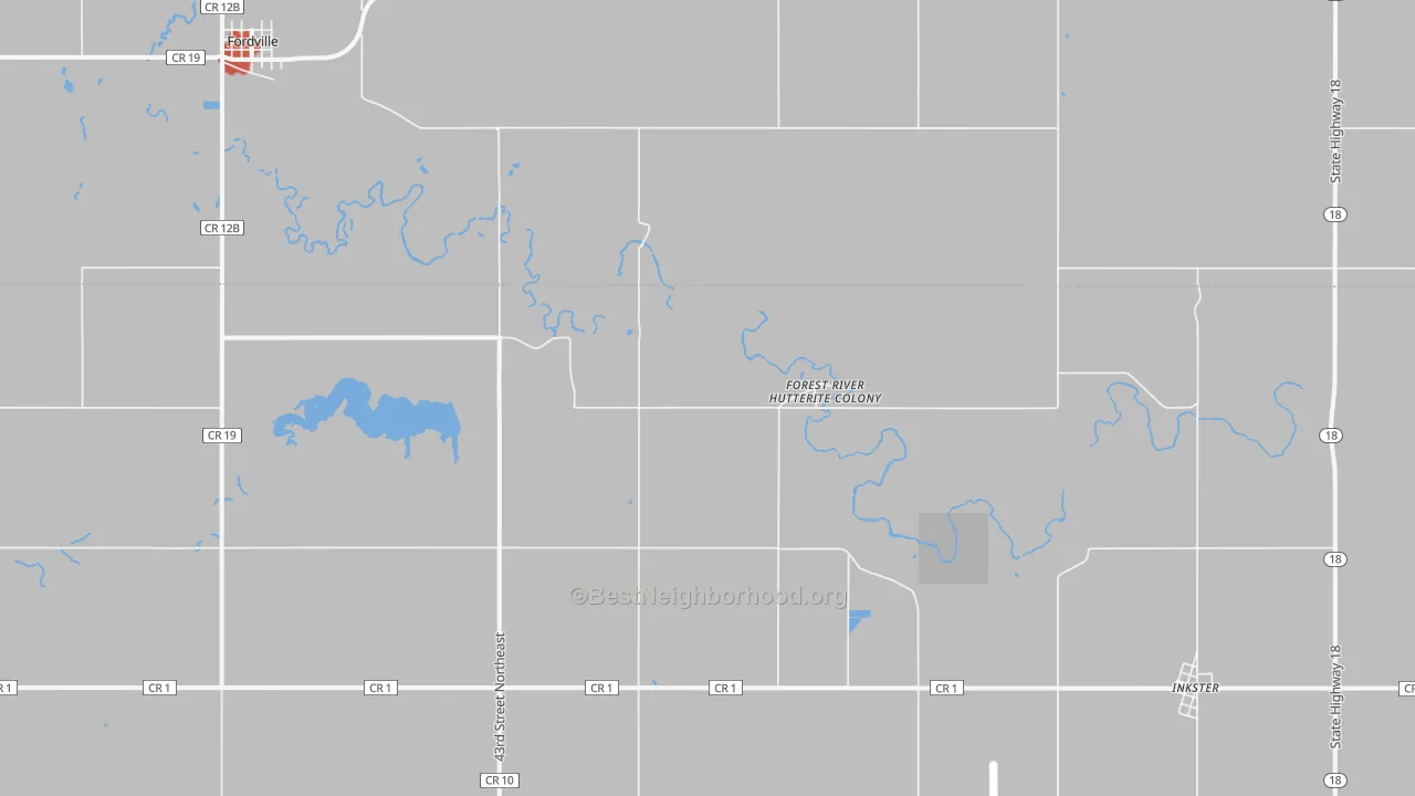 Walk Grade map of Forest River Colony, ND, walkable areas in green and car-dependent areas in red