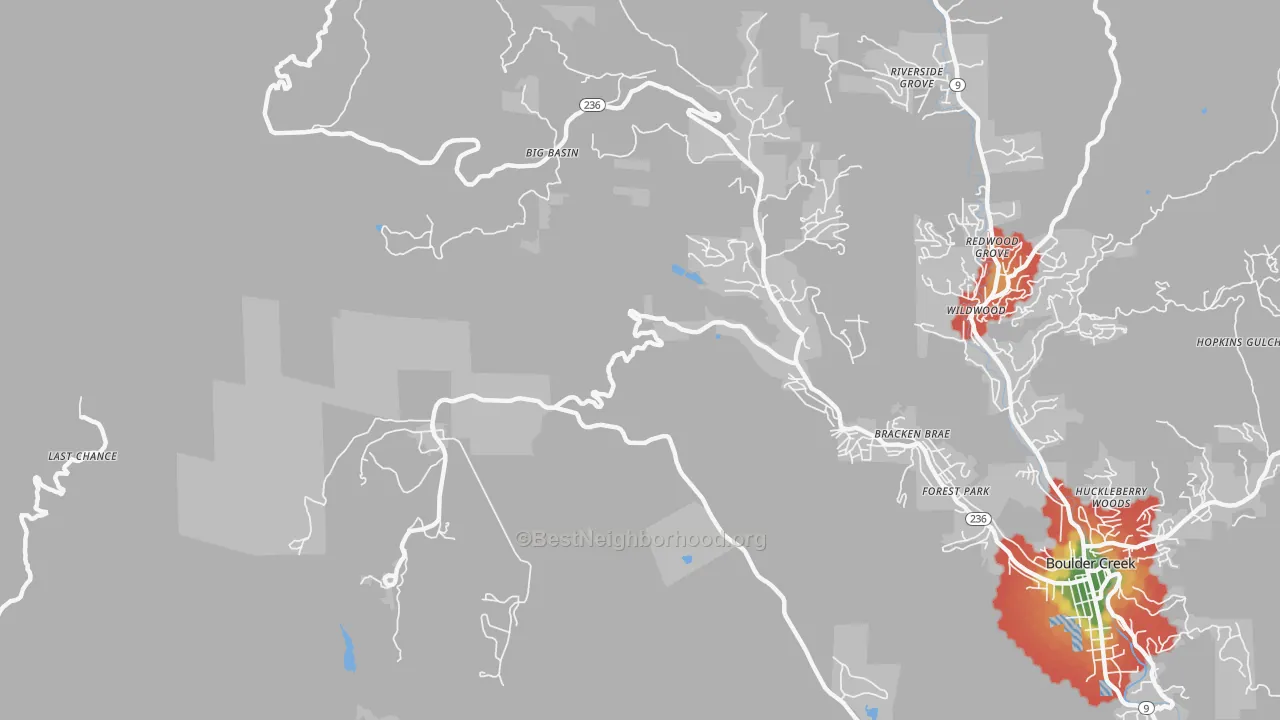 Walk Grade map of Forest Springs, CA, walkable areas in green and car-dependent areas in red