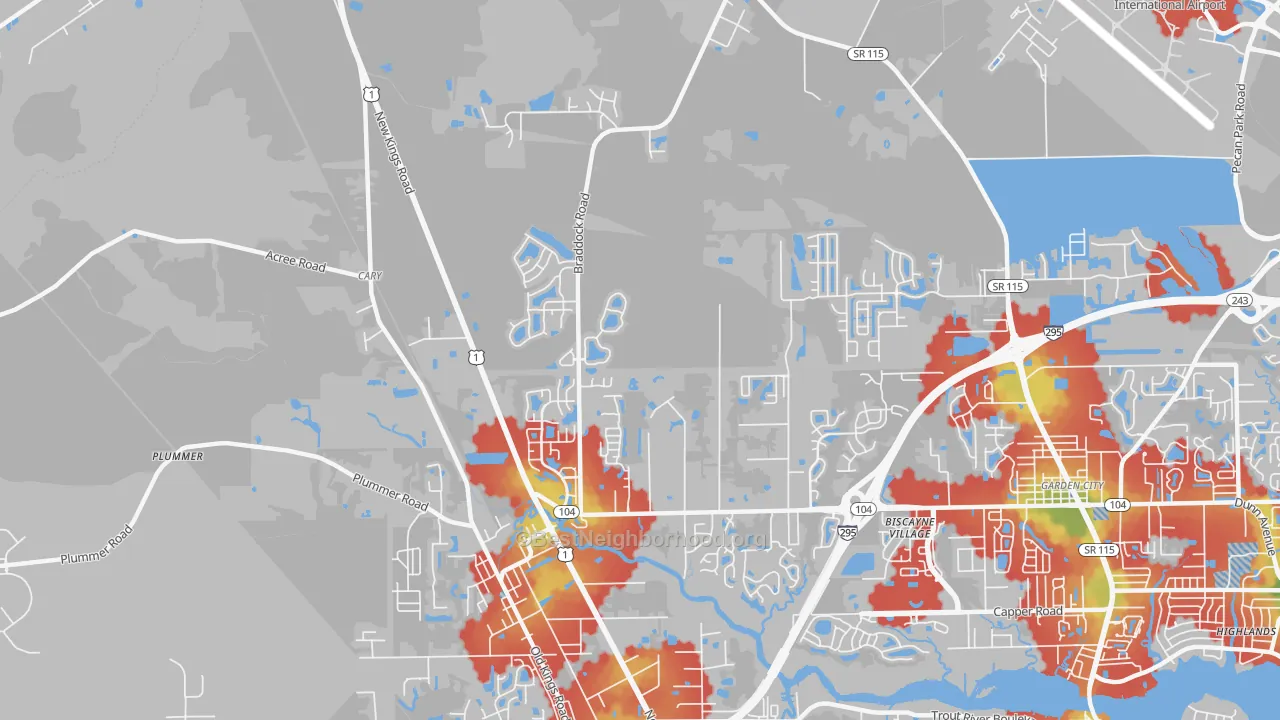Walk Grade map of Forest Trails, Jacksonville, FL, walkable areas in green and car-dependent areas in red