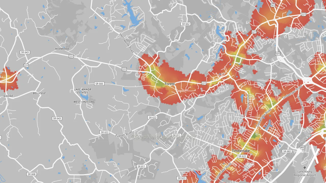 Walk Grade map of Forest, VA, walkable areas in green and car-dependent areas in red
