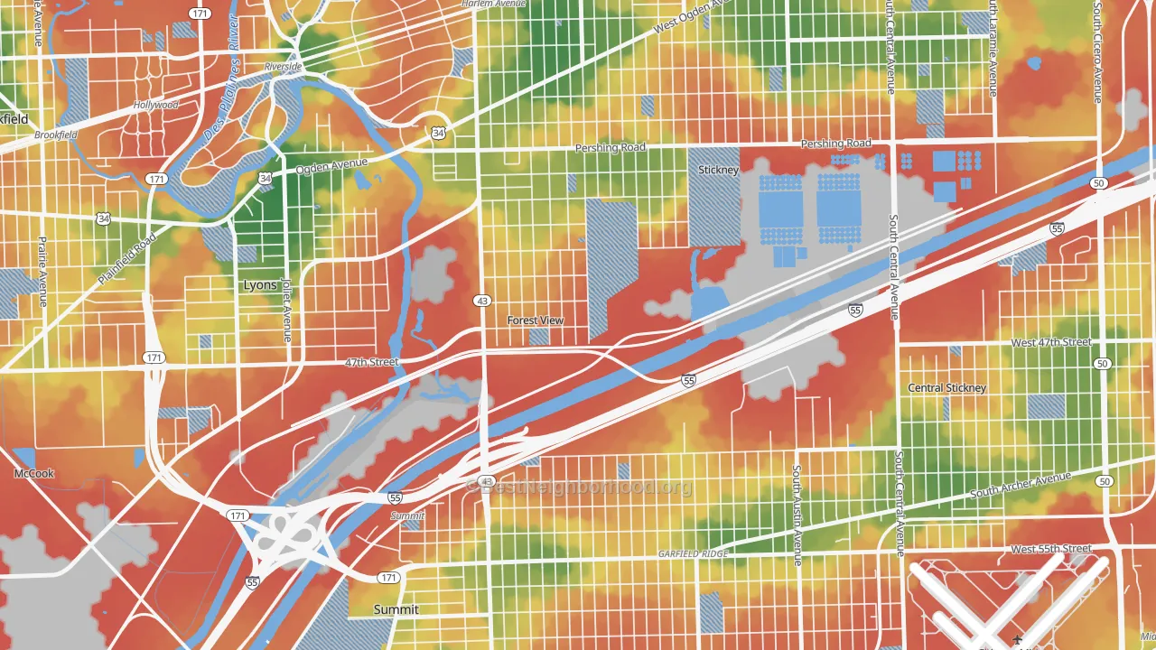 Walk Grade map of Forest View, IL, walkable areas in green and car-dependent areas in red