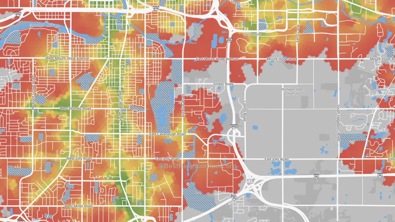 Walk Grade map of Forest View, Lansing, MI, walkable areas in green and car-dependent areas in red
