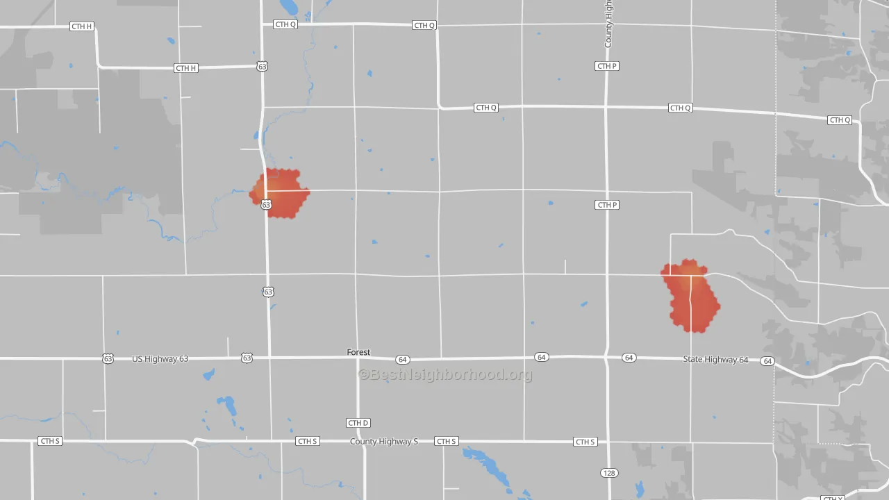 Walk Grade map of Forest, WI, walkable areas in green and car-dependent areas in red