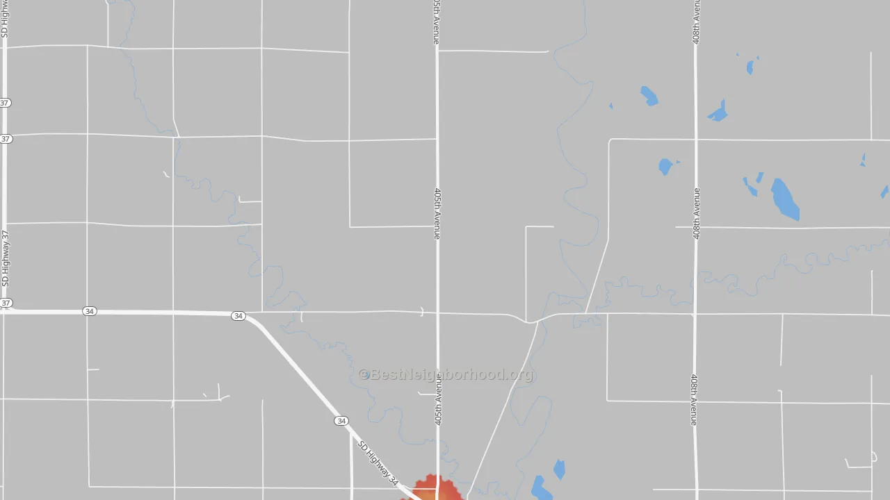 Walk Grade map of Forestburg, SD, walkable areas in green and car-dependent areas in red