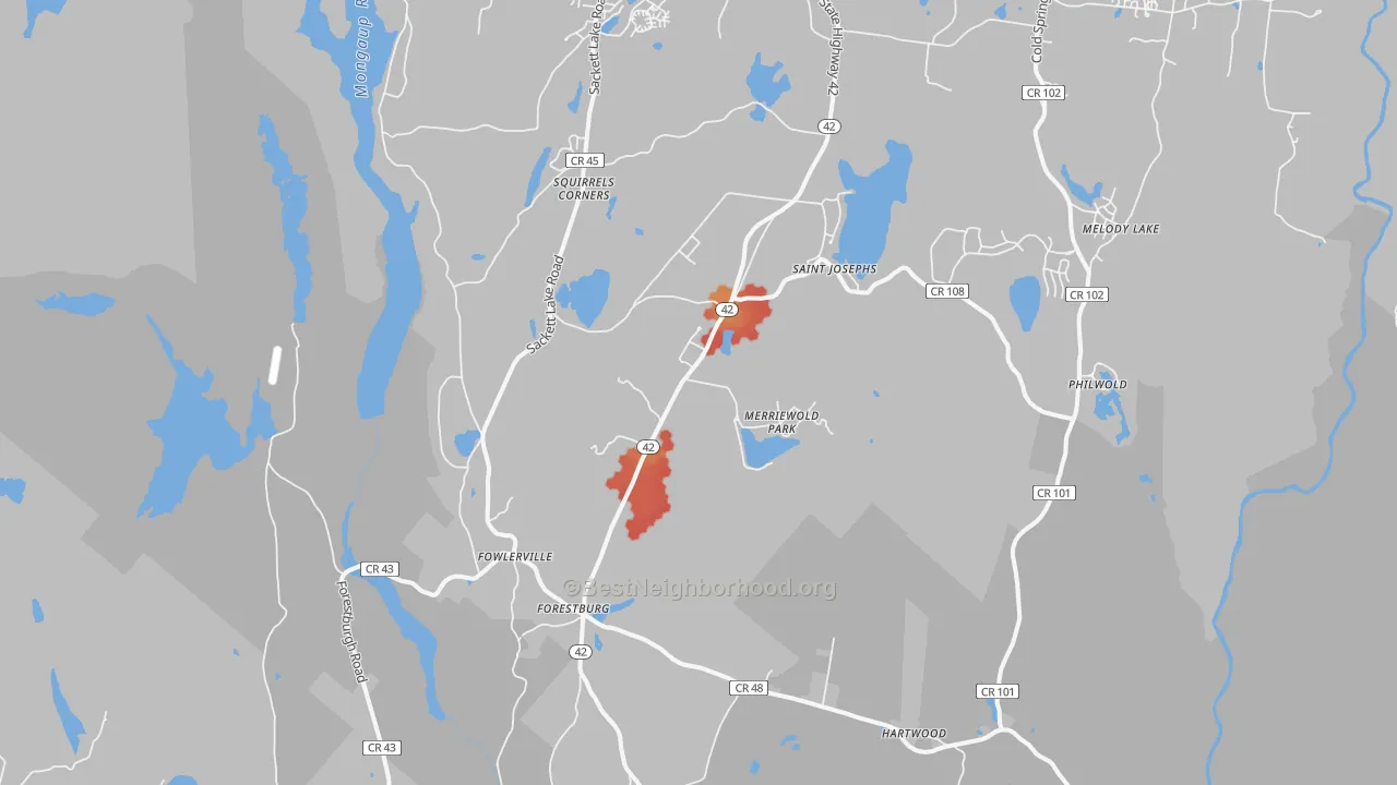 Walk Grade map of Forestburgh, NY, walkable areas in green and car-dependent areas in red