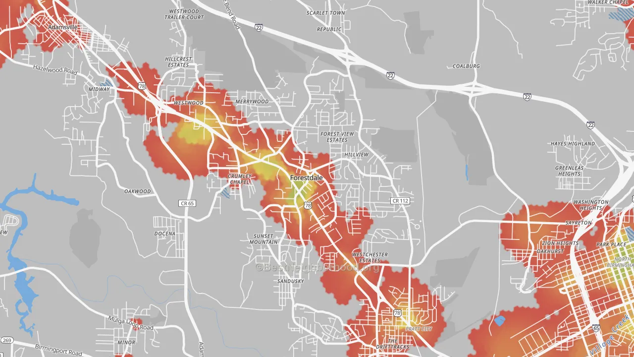 Walk Grade map of Forestdale, AL, walkable areas in green and car-dependent areas in red