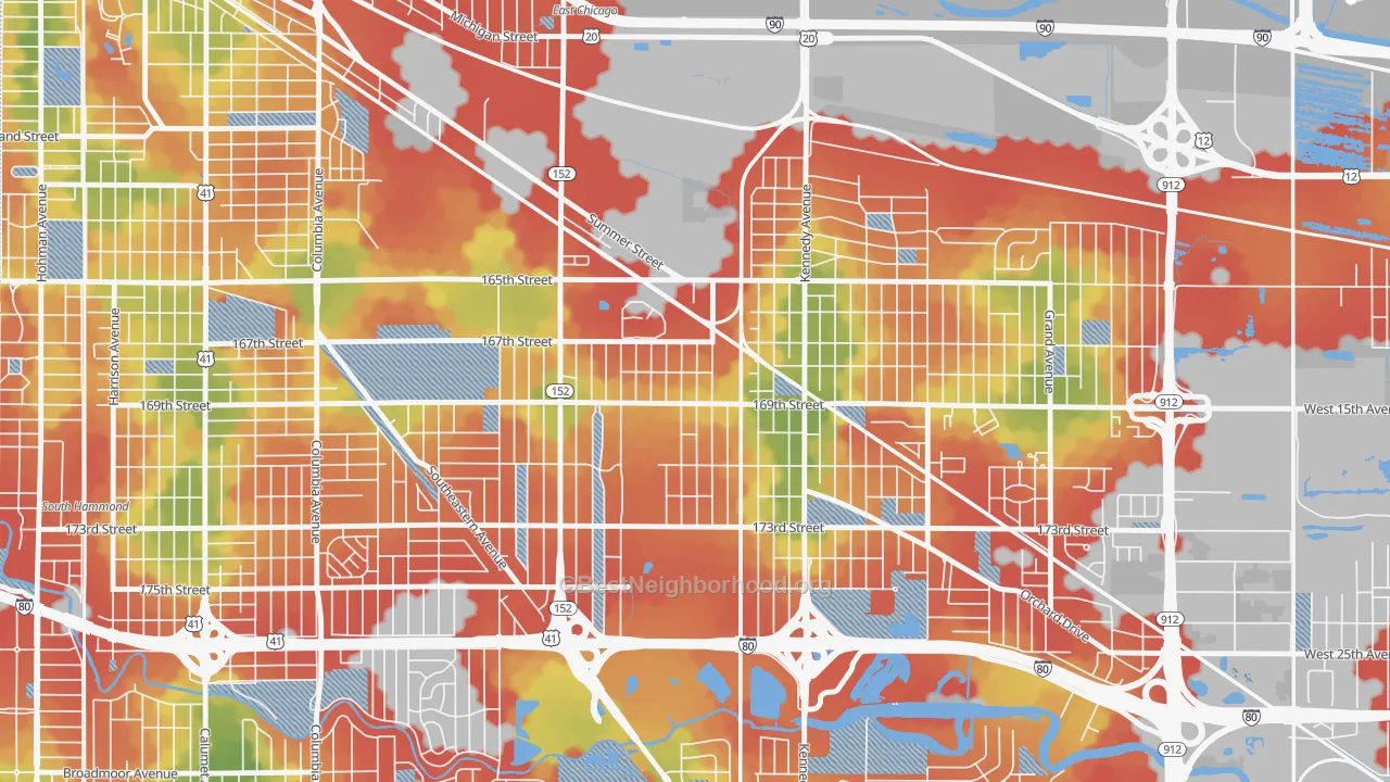 Walk Grade map of Forestdale, Hammond, IN, walkable areas in green and car-dependent areas in red