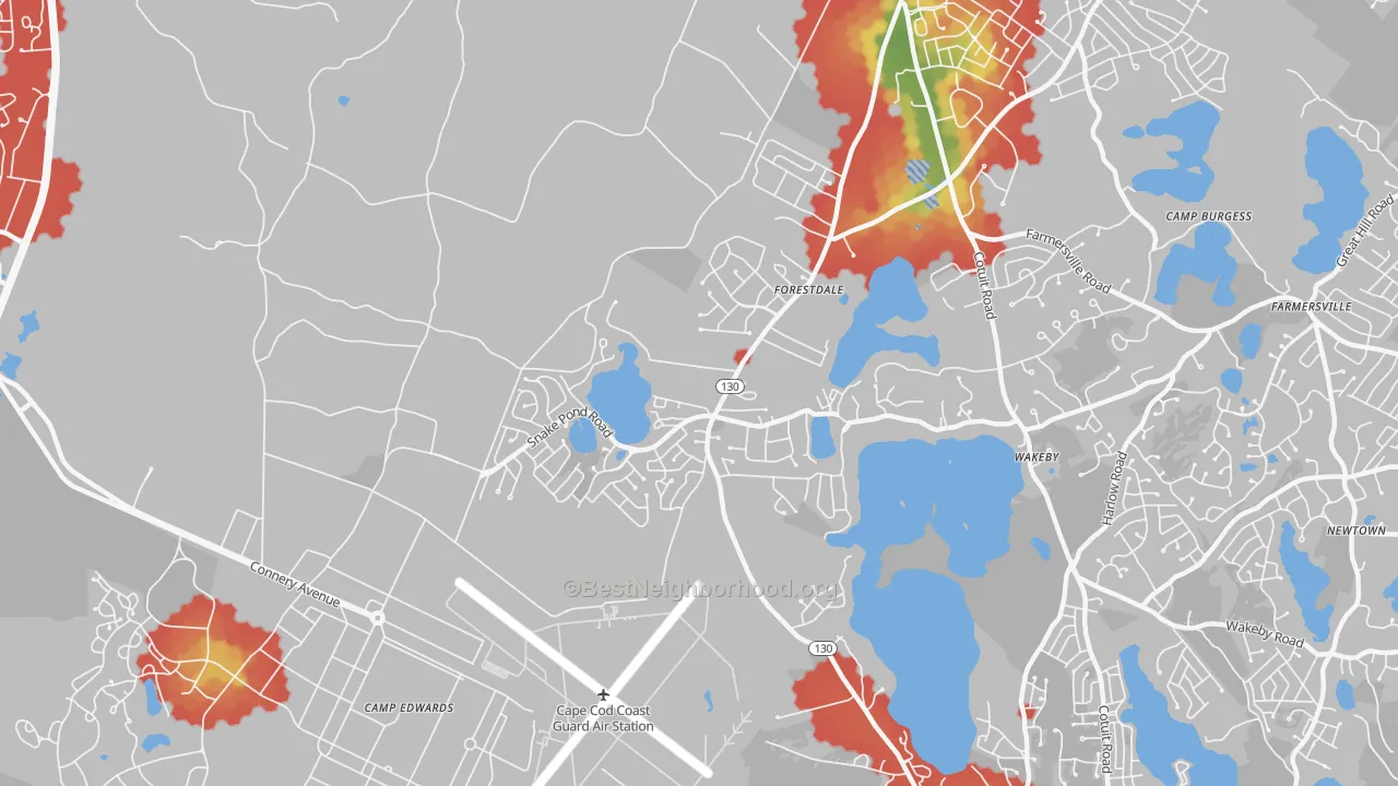 Walk Grade map of Forestdale, MA, walkable areas in green and car-dependent areas in red