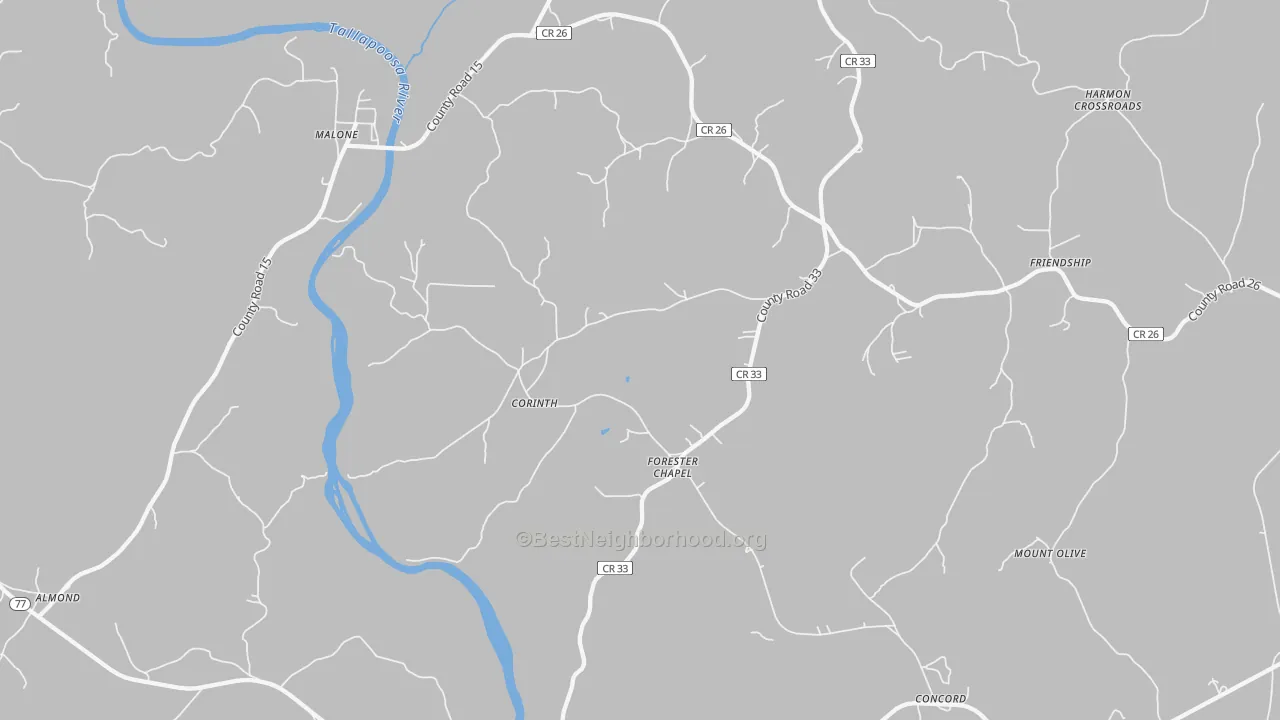 Walk Grade map of Forester Chapel, AL, walkable areas in green and car-dependent areas in red