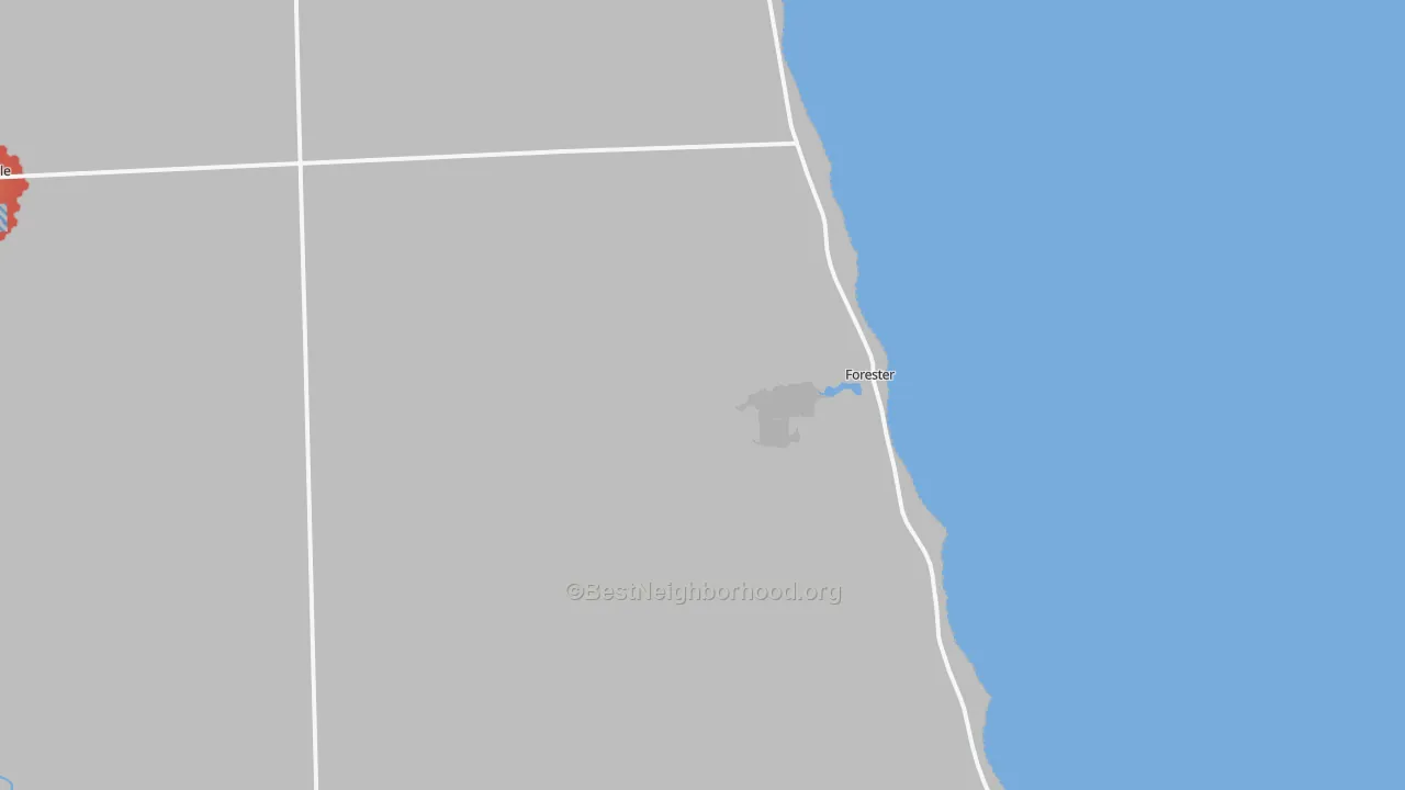 Walk Grade map of Forester, MI, walkable areas in green and car-dependent areas in red