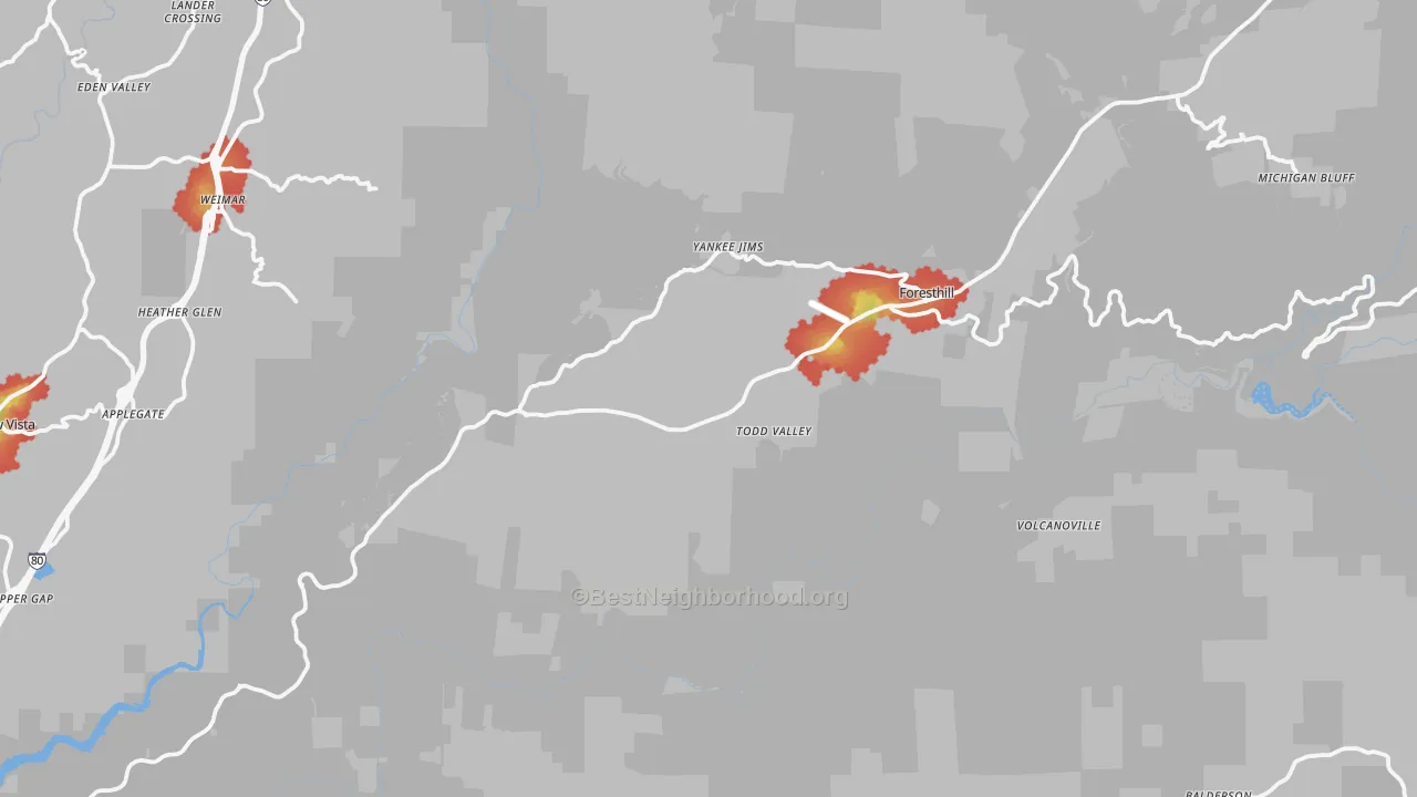 Walk Grade map of Foresthill, CA, walkable areas in green and car-dependent areas in red
