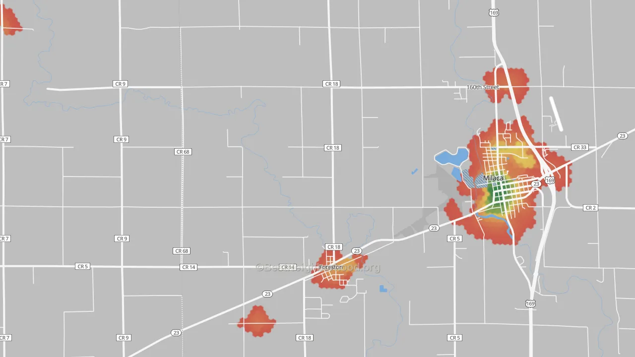 Walk Grade map of Foreston, MN, walkable areas in green and car-dependent areas in red