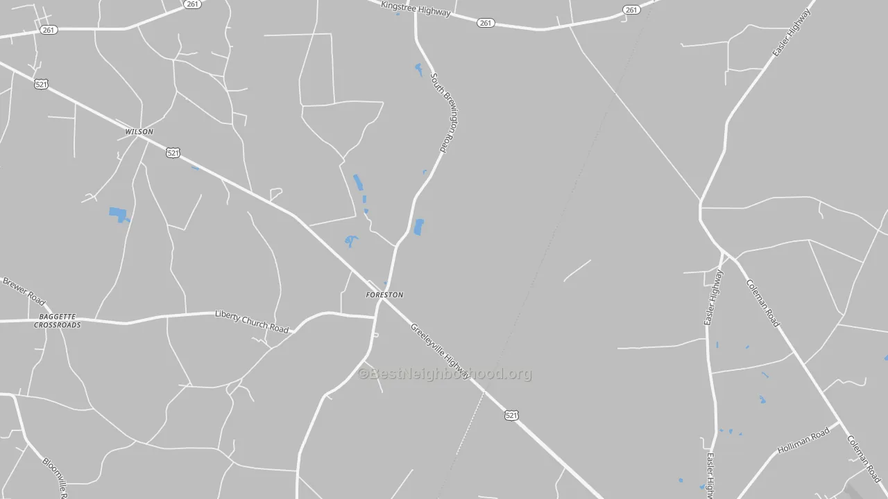 Walk Grade map of Foreston, SC, walkable areas in green and car-dependent areas in red