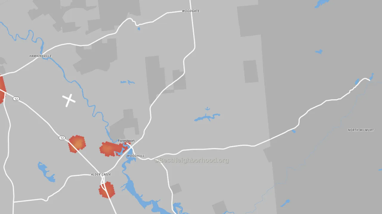 Walk Grade map of Forestport, NY, walkable areas in green and car-dependent areas in red