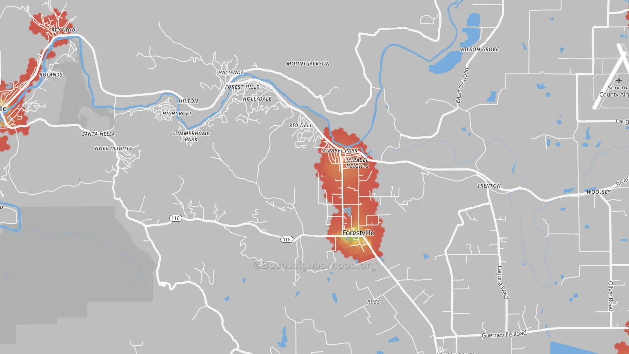 Walk Grade map of Forestville, CA, walkable areas in green and car-dependent areas in red