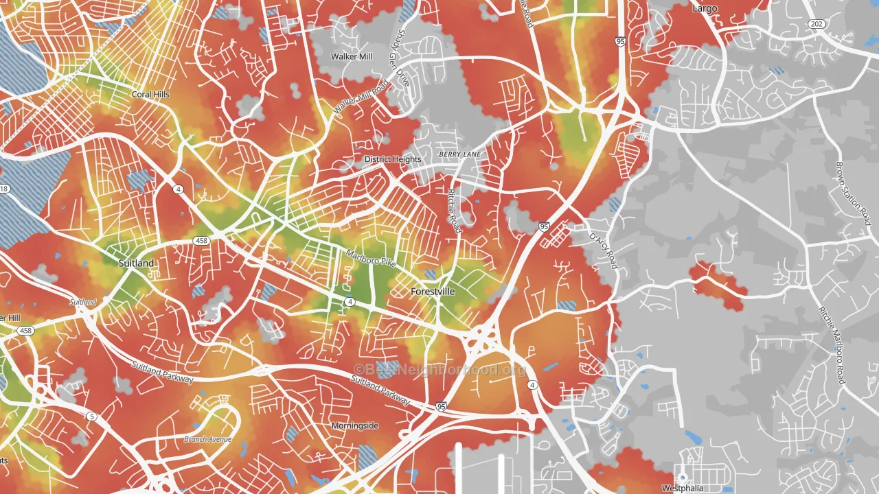 Walk Grade map of Forestville, MD, walkable areas in green and car-dependent areas in red