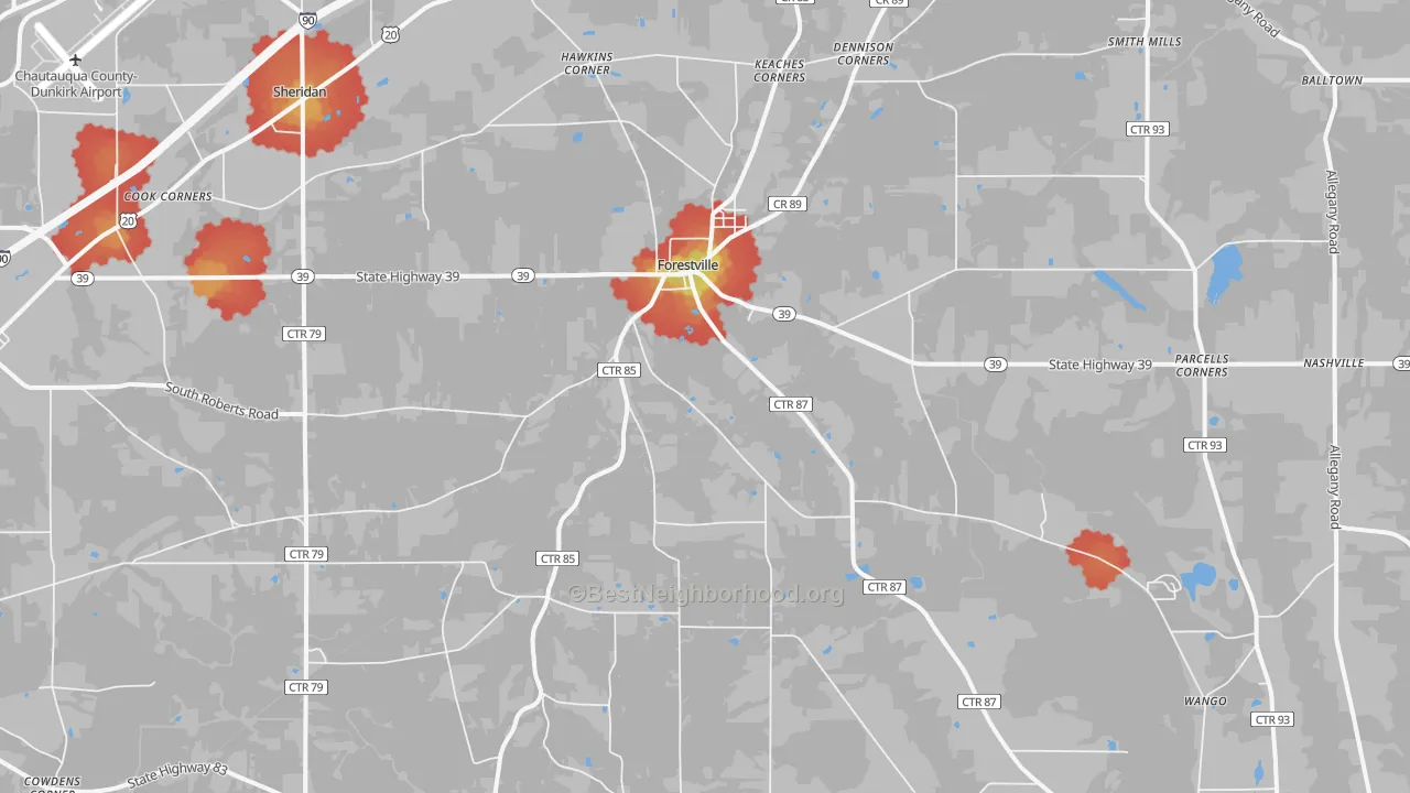 Walk Grade map of Forestville, NY, walkable areas in green and car-dependent areas in red