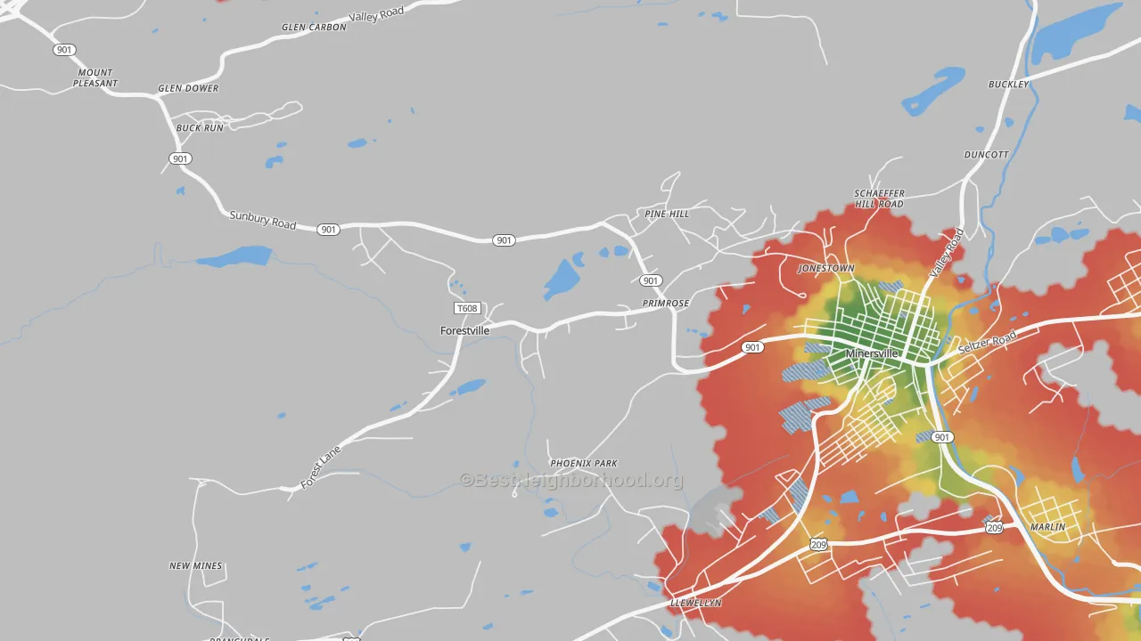 Walk Grade map of Forestville, PA, walkable areas in green and car-dependent areas in red