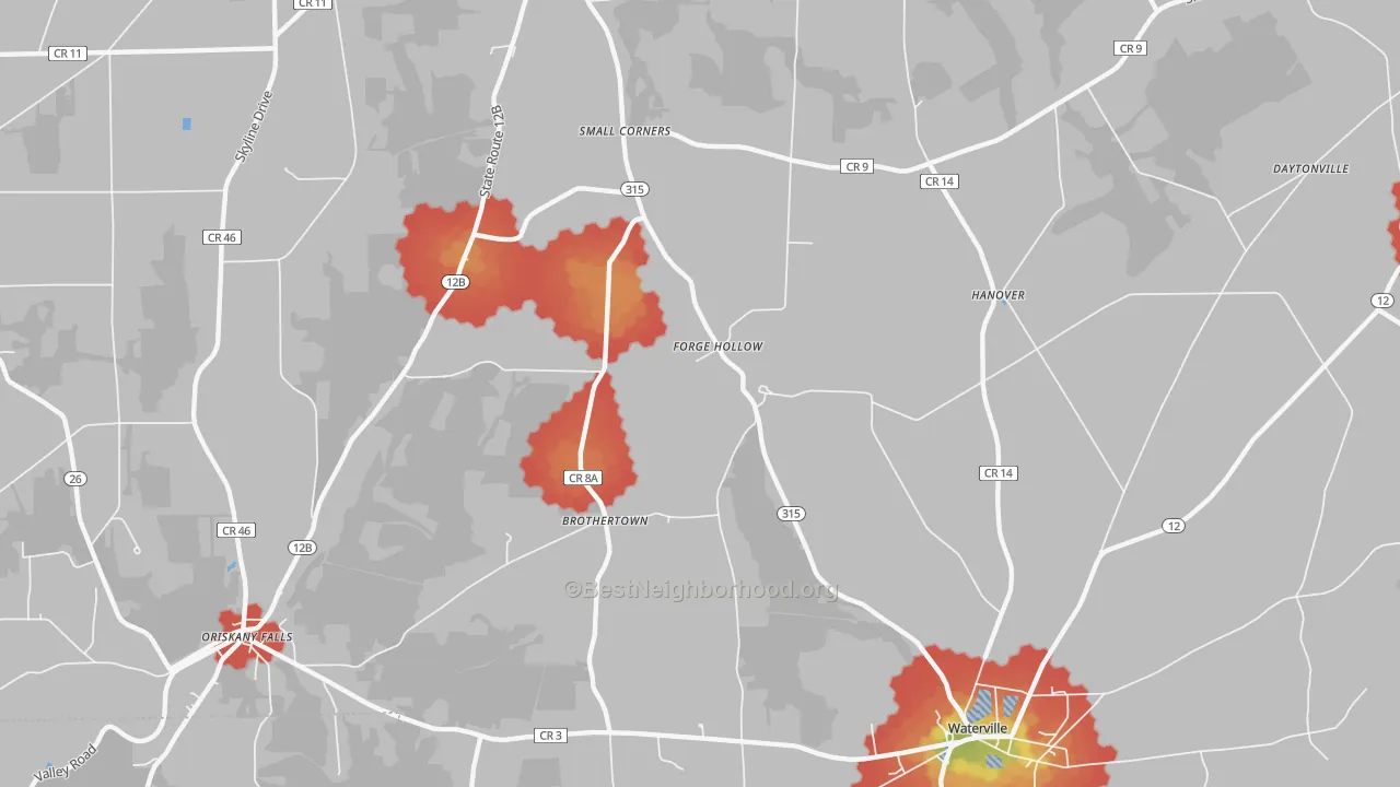 Walk Grade map of Forge Hollow, NY, walkable areas in green and car-dependent areas in red