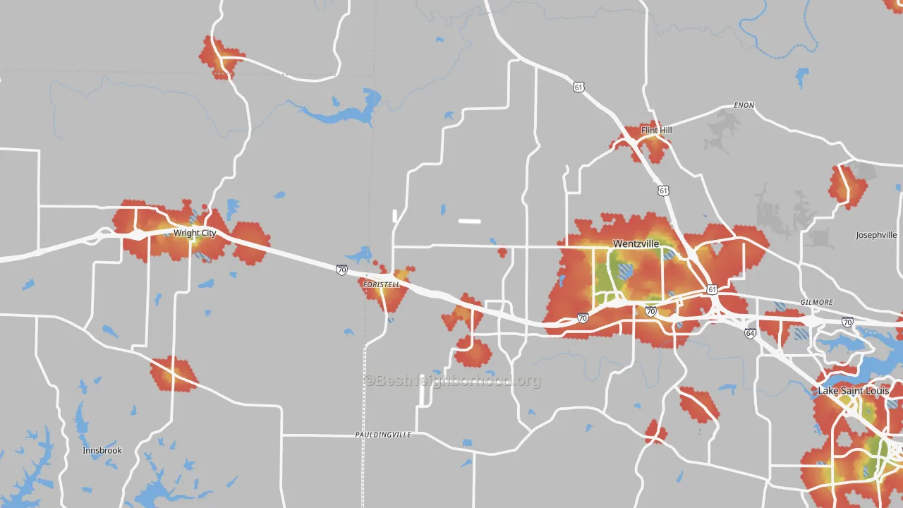 Walk Grade map of Foristell, MO, walkable areas in green and car-dependent areas in red