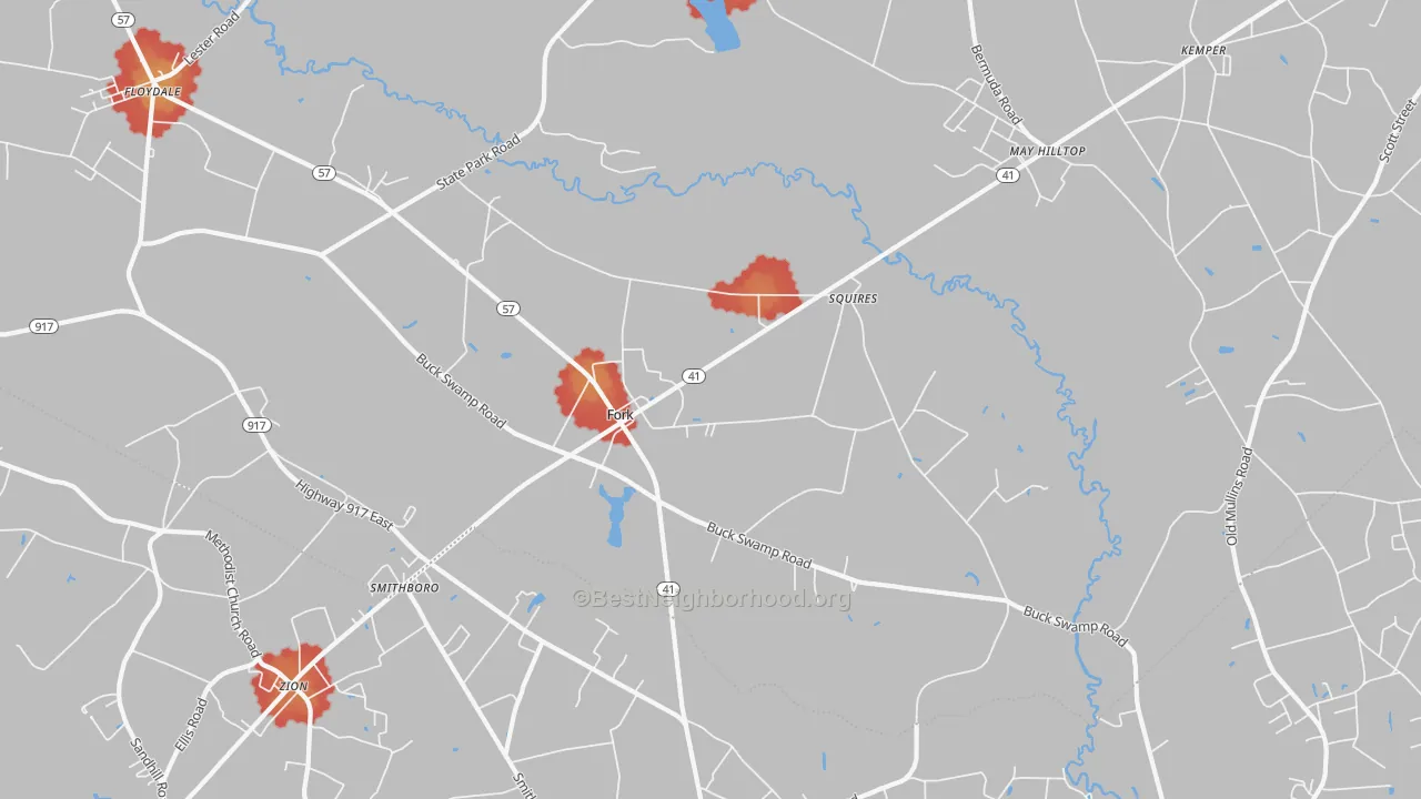 Walk Grade map of Fork, SC, walkable areas in green and car-dependent areas in red