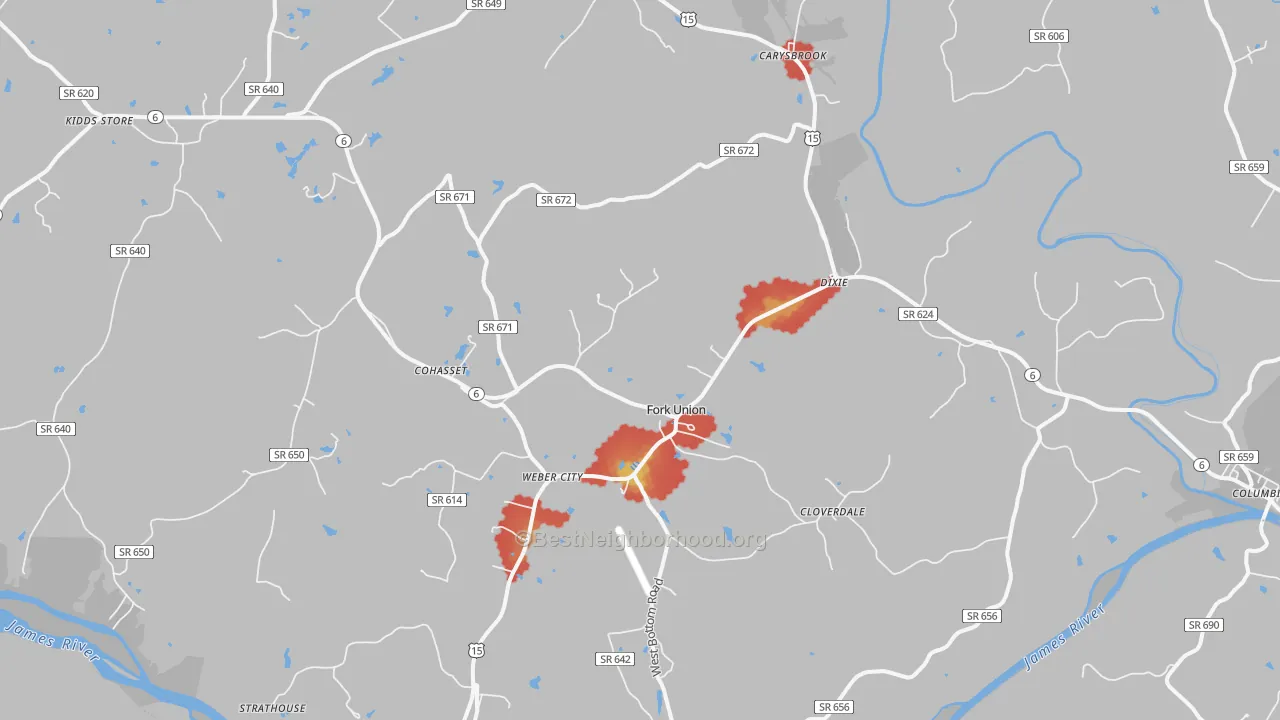 Walk Grade map of Fork Union, VA, walkable areas in green and car-dependent areas in red