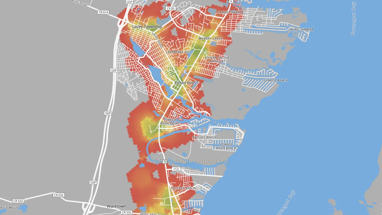 Walk Grade map of Forked River Beach, NJ, walkable areas in green and car-dependent areas in red