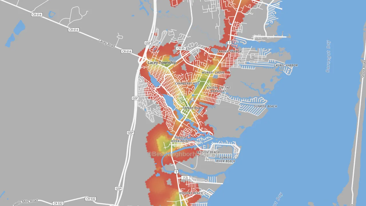 Walk Grade map of Forked River, NJ, walkable areas in green and car-dependent areas in red