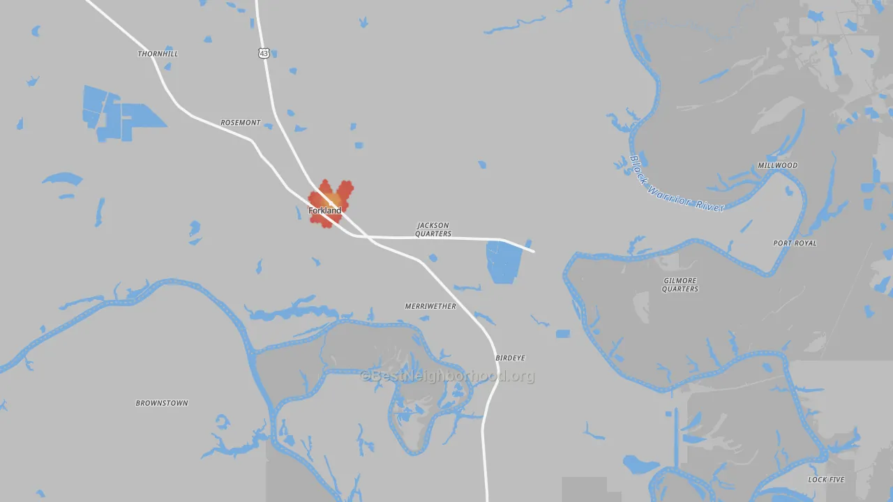 Walk Grade map of Forkland, AL, walkable areas in green and car-dependent areas in red