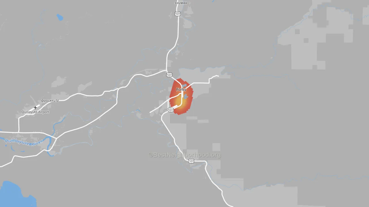 Walk Grade map of Forks, WA, walkable areas in green and car-dependent areas in red
