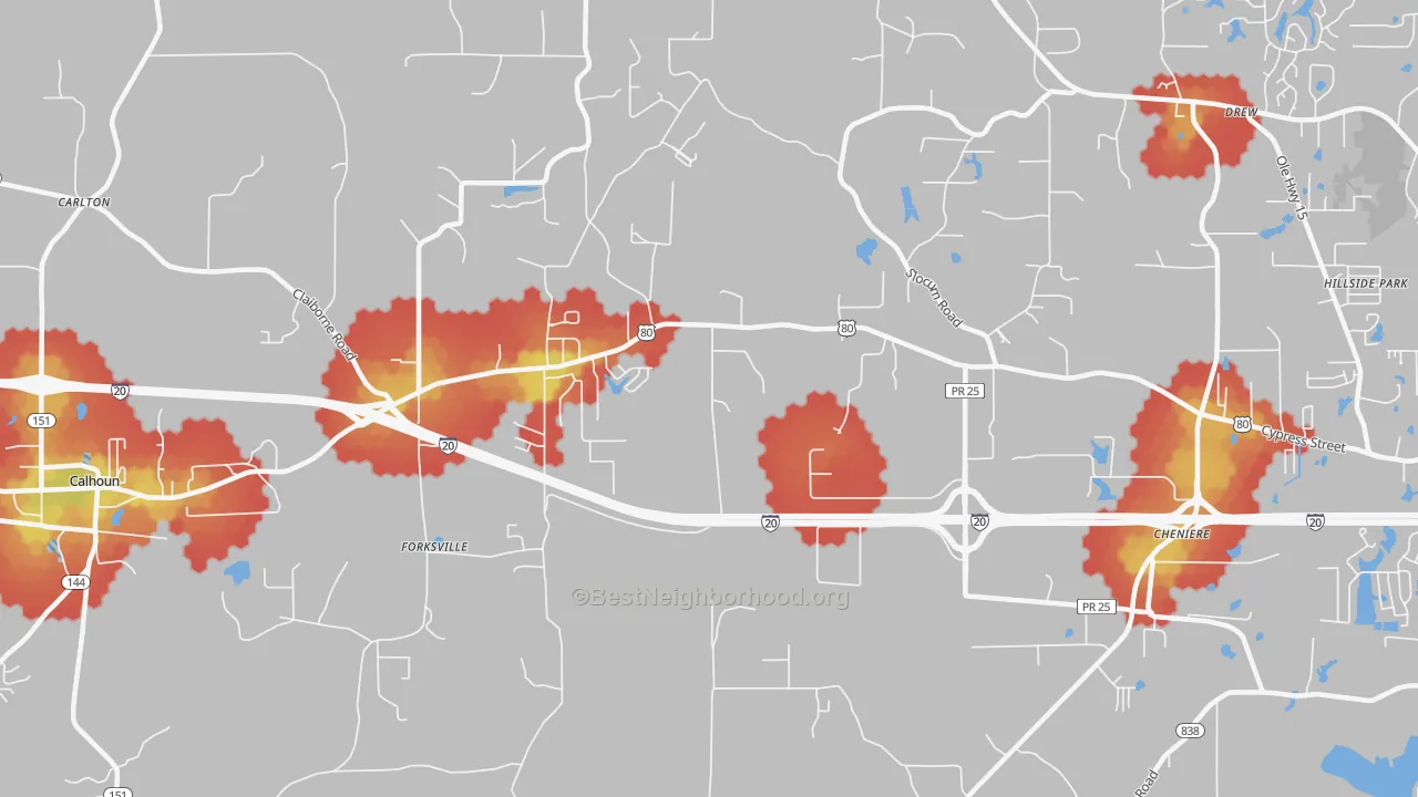 Walk Grade map of Forksville, LA, walkable areas in green and car-dependent areas in red