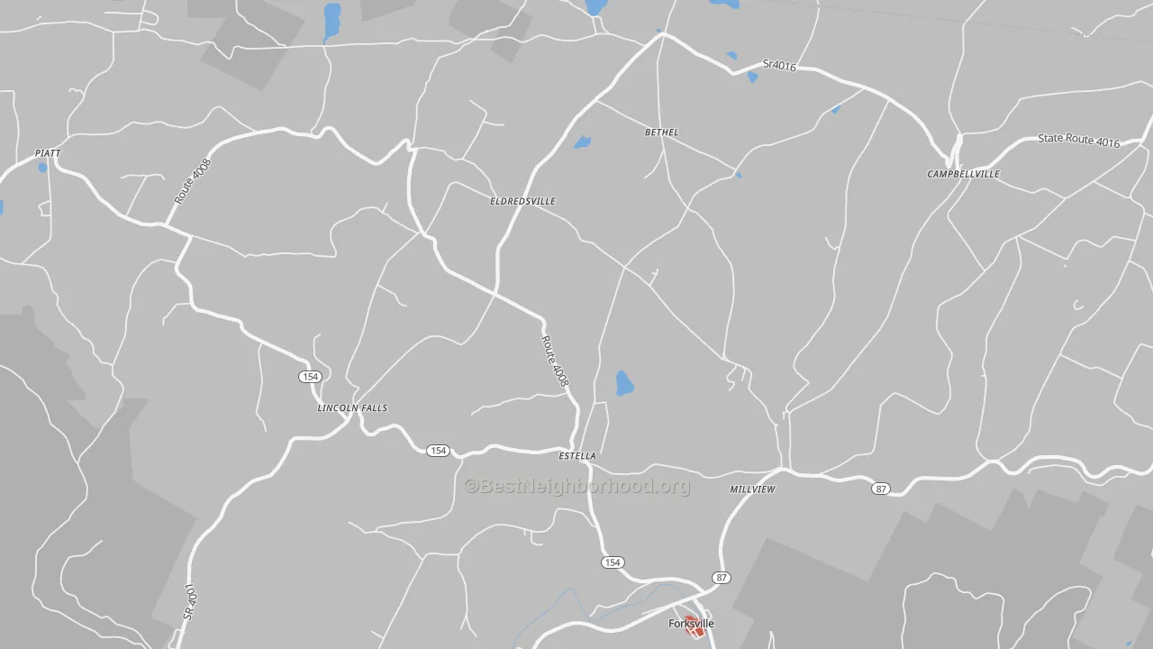 Walk Grade map of Forksville, PA, walkable areas in green and car-dependent areas in red