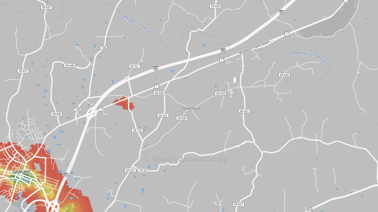 Walk Grade map of Forksville, VA, walkable areas in green and car-dependent areas in red