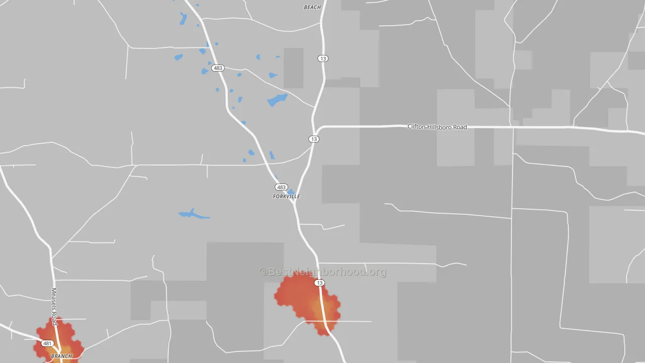 Walk Grade map of Forkville, MS, walkable areas in green and car-dependent areas in red