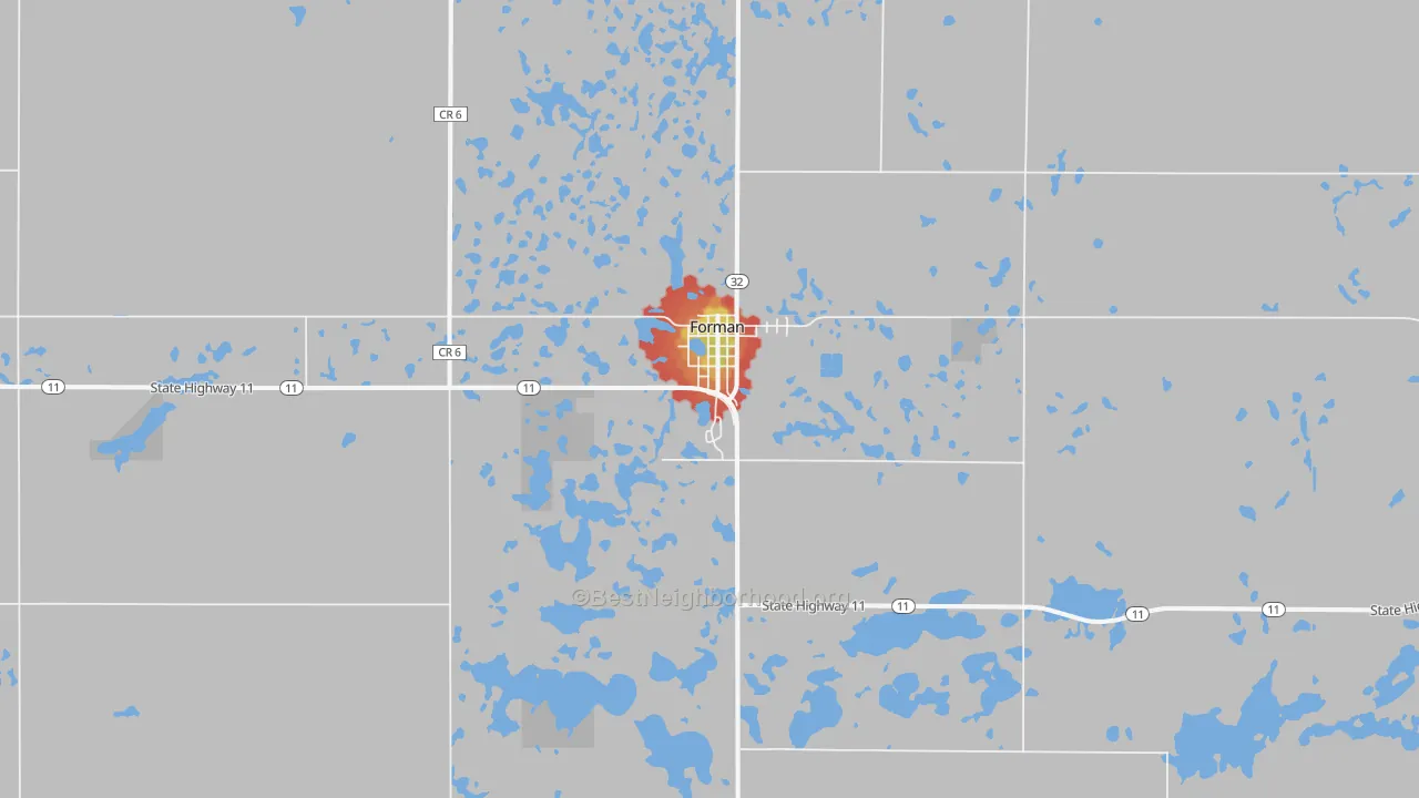 Walk Grade map of Forman, ND, walkable areas in green and car-dependent areas in red
