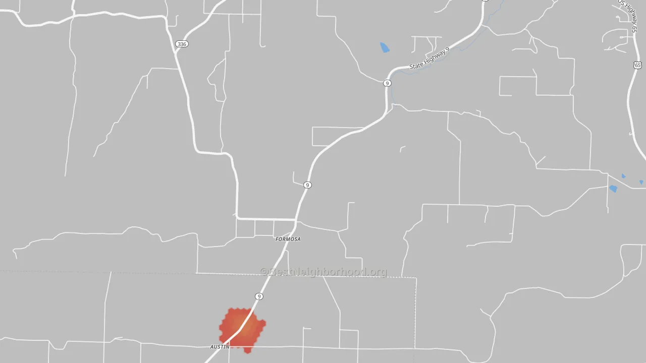 Walk Grade map of Formosa, AR, walkable areas in green and car-dependent areas in red