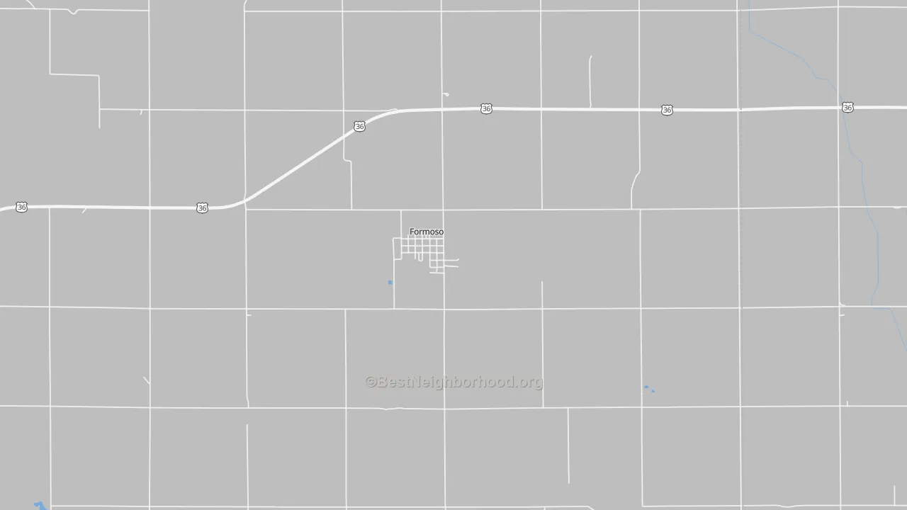 Walk Grade map of Formoso, KS, walkable areas in green and car-dependent areas in red