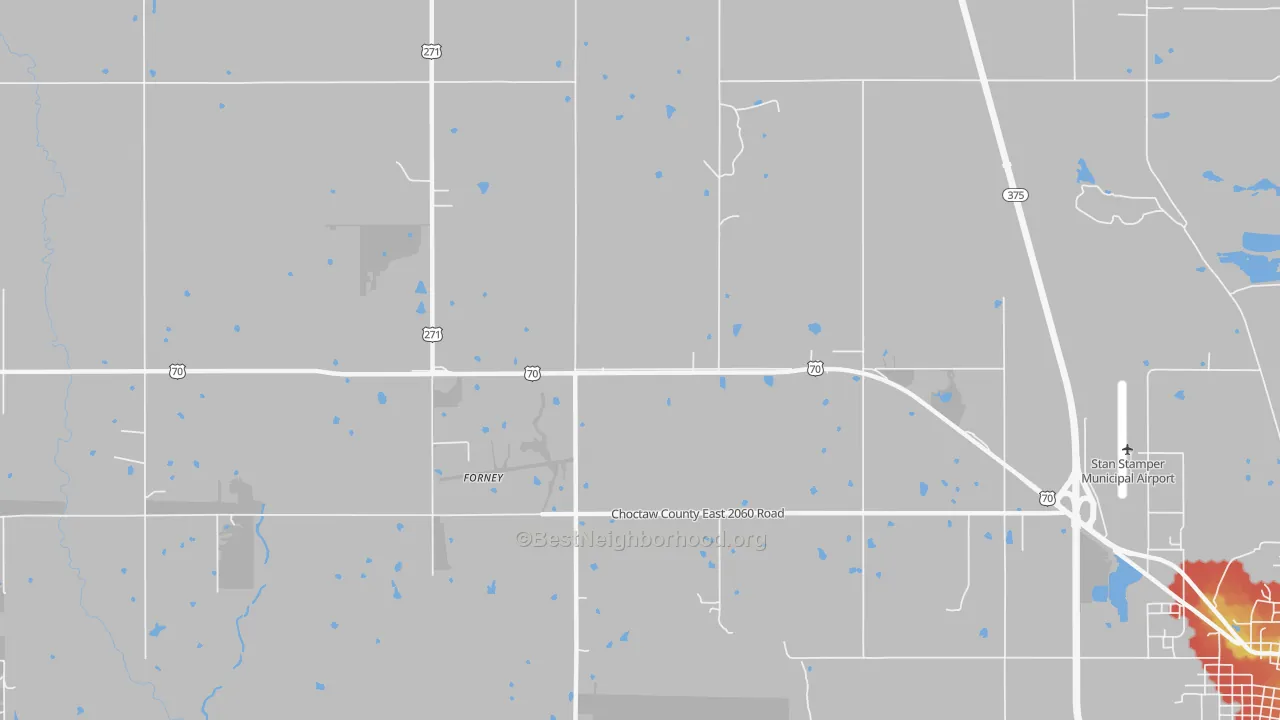 Walk Grade map of Forney, OK, walkable areas in green and car-dependent areas in red