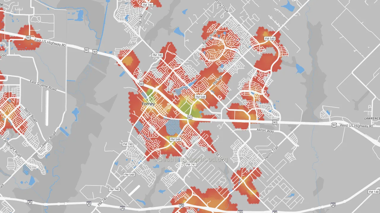 Walk Grade map of Forney, TX, walkable areas in green and car-dependent areas in red