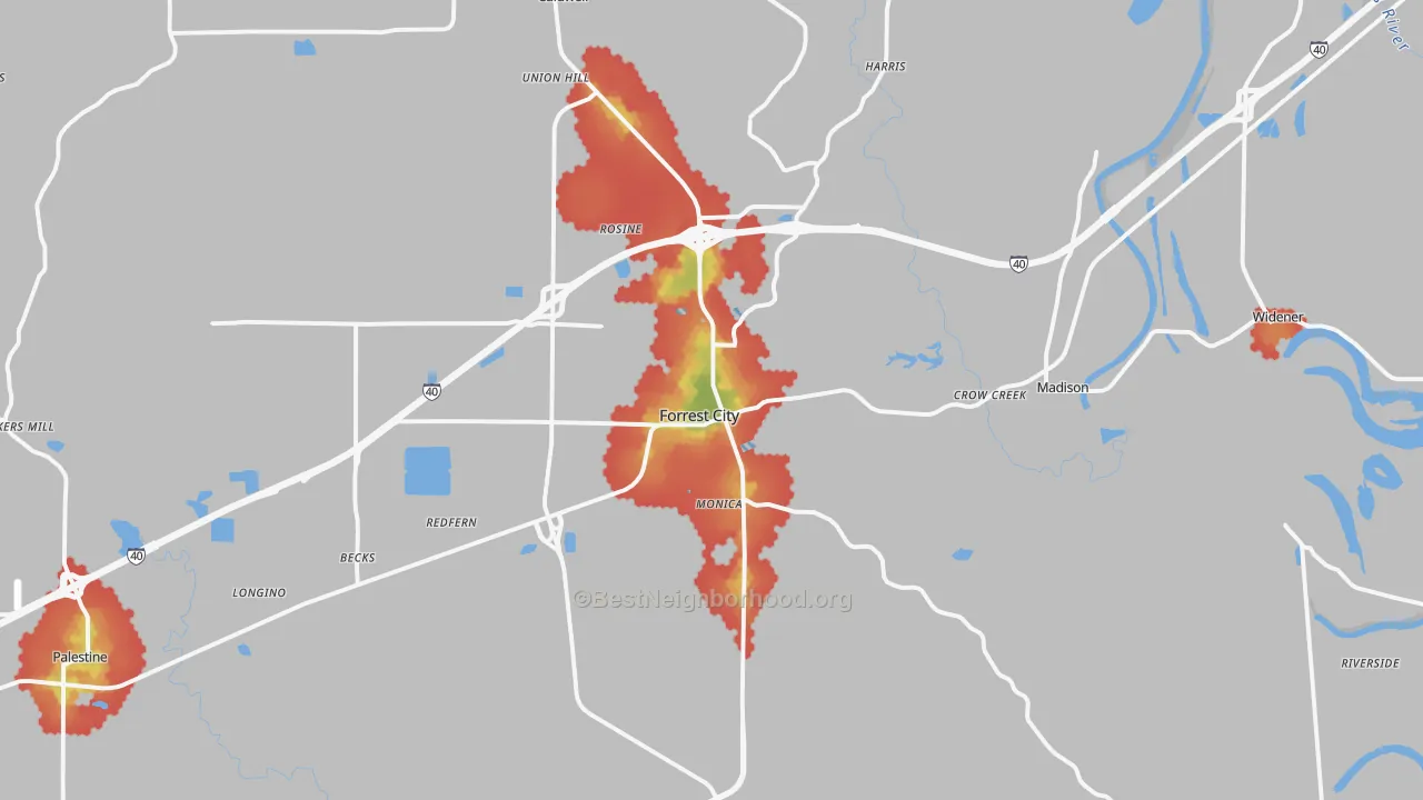Walk Grade map of Forrest City, AR, walkable areas in green and car-dependent areas in red