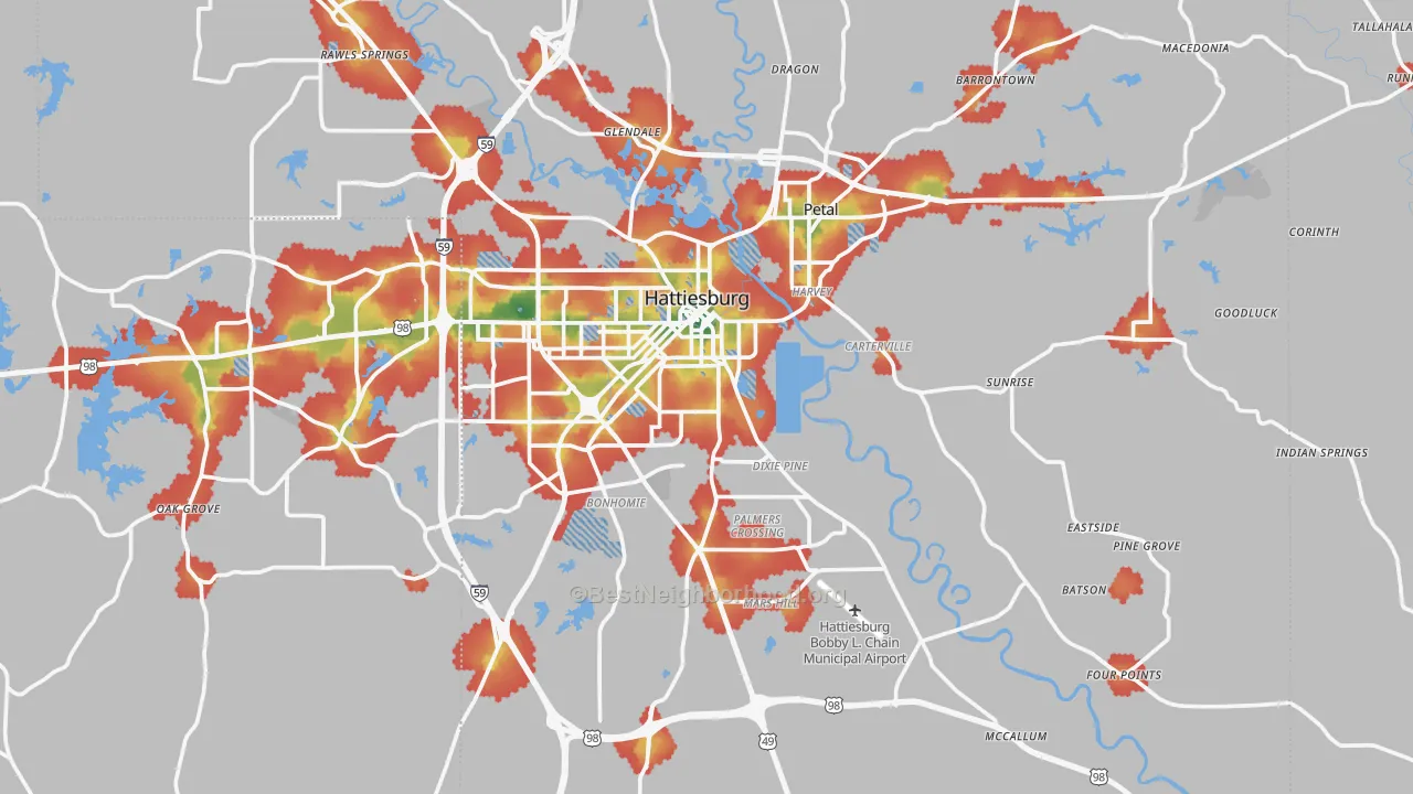 Walk Grade map of Forrest County, MS, walkable areas in green and car-dependent areas in red