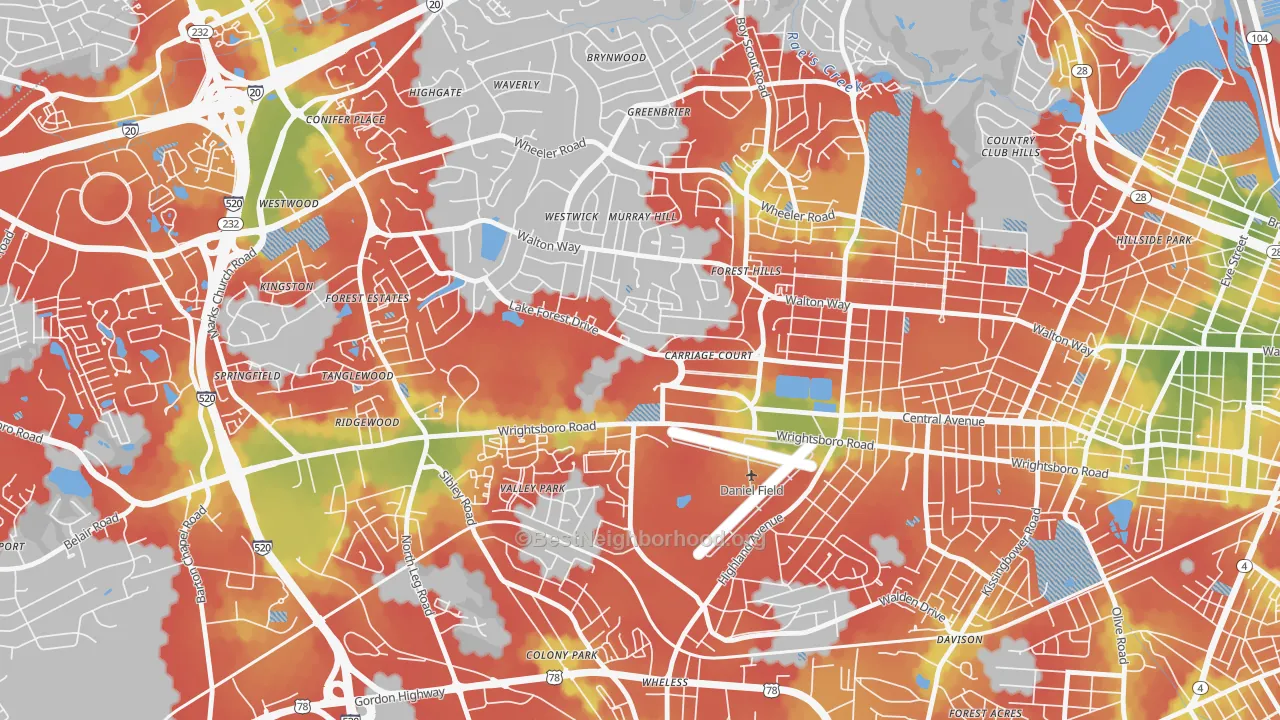 Walk Grade map of Forrest Hills, Augusta, GA, walkable areas in green and car-dependent areas in red