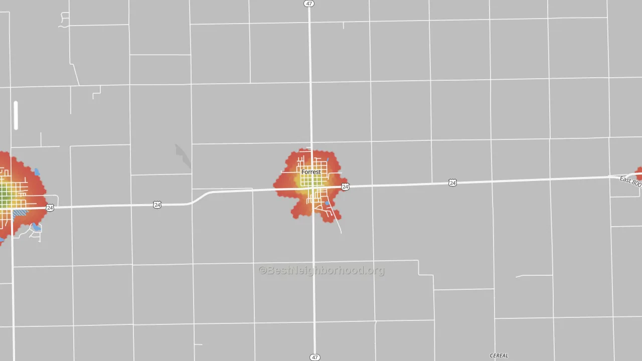 Walk Grade map of Forrest, IL, walkable areas in green and car-dependent areas in red